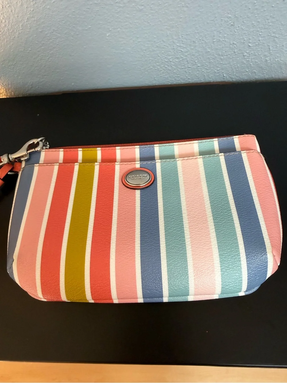 Coach Multicolor Vertical Stripe Wristlet in Coral, Pink, Blue & Yellow